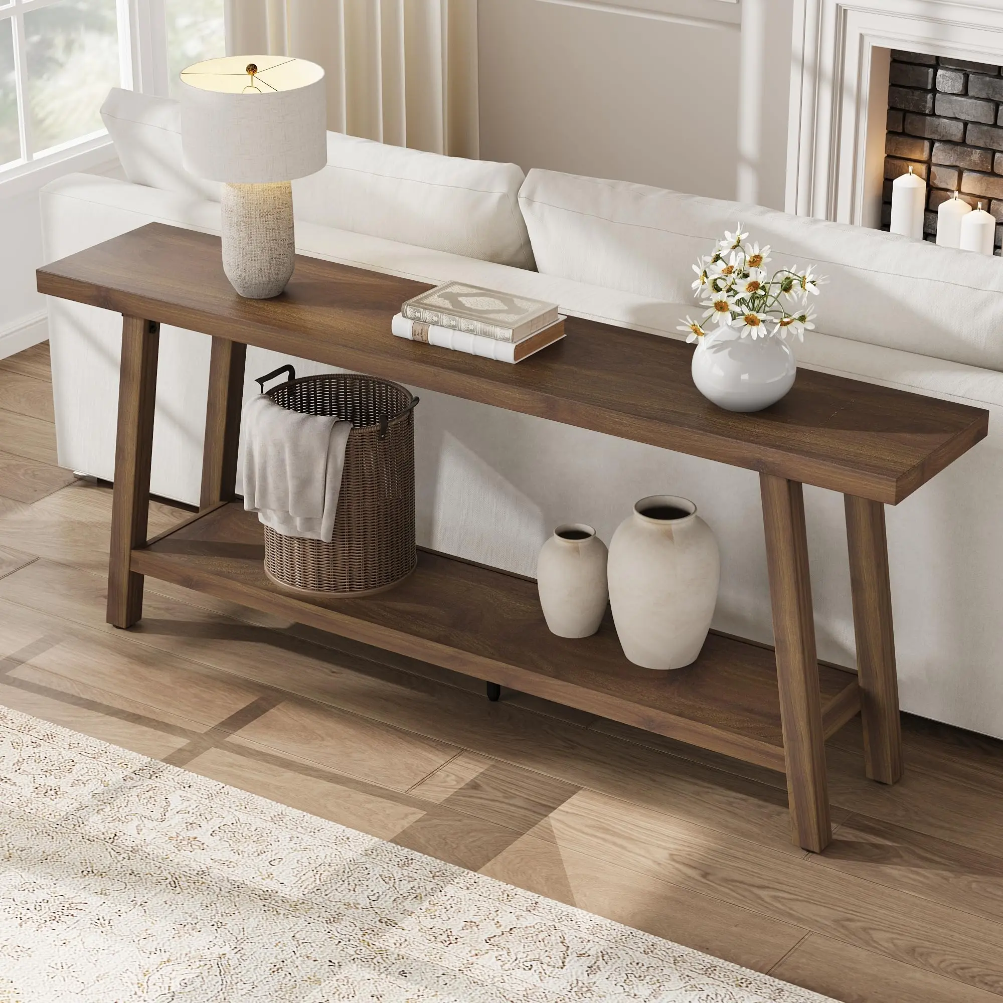 70.87 in Extra Long Farmhouse Console Table Entryway - Heavy-Duty 2-Tier Narrow Rustic Vintage Brown Engineered Wood Sofa Foyer Stand, 350lb Capacity with Natural Grain for Entryway, Living Room, Entryway Console Table