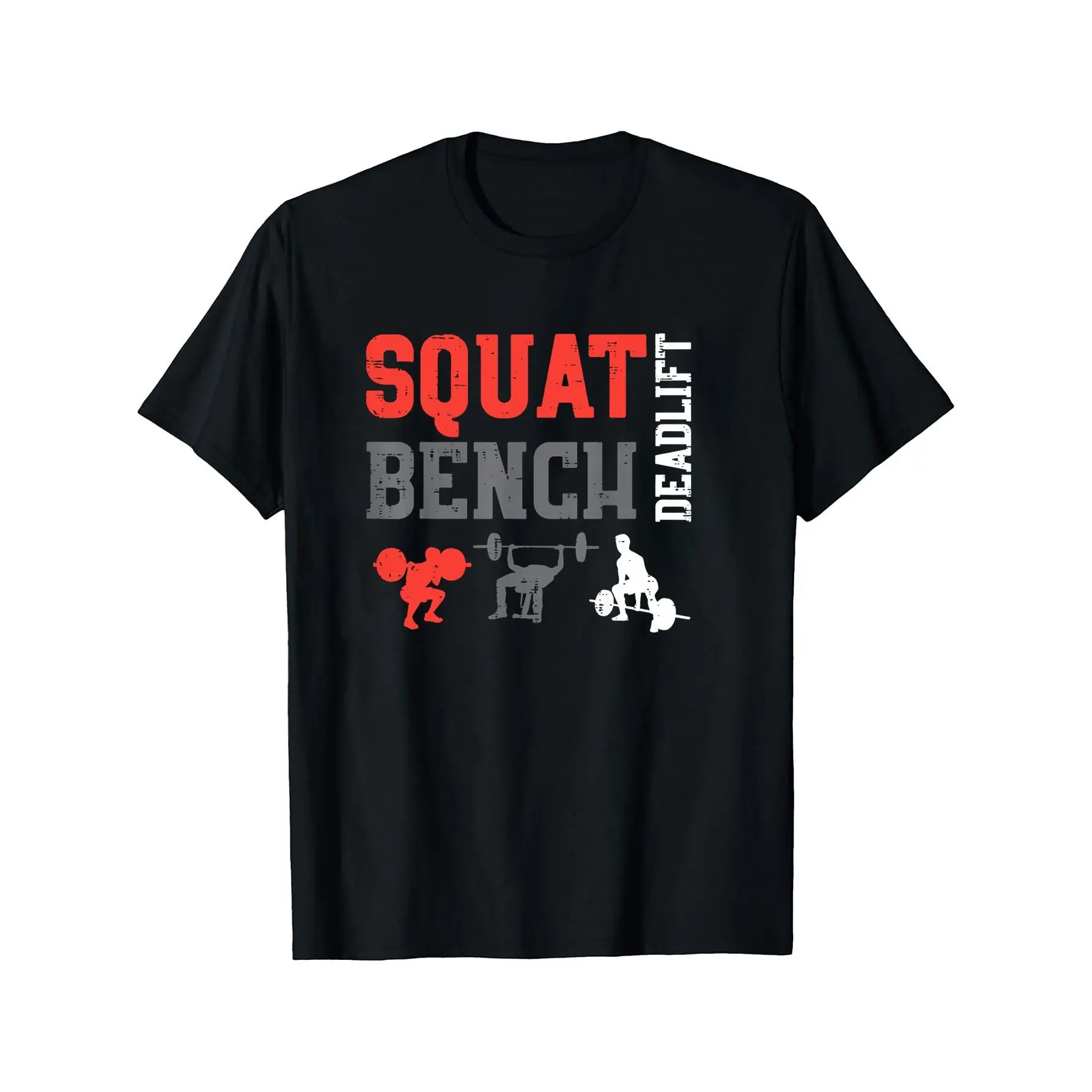 Men's Squat Bench Deadlift Graphic T-Shirt - Black Casual Menswear Tops, Short-Sleeve Round Neck, Weightlifting Icons, Bold Lettering, Knitted Fabric, Gym & Workout Enthusiasts, All-Season Comfort, Stretch, Cotton