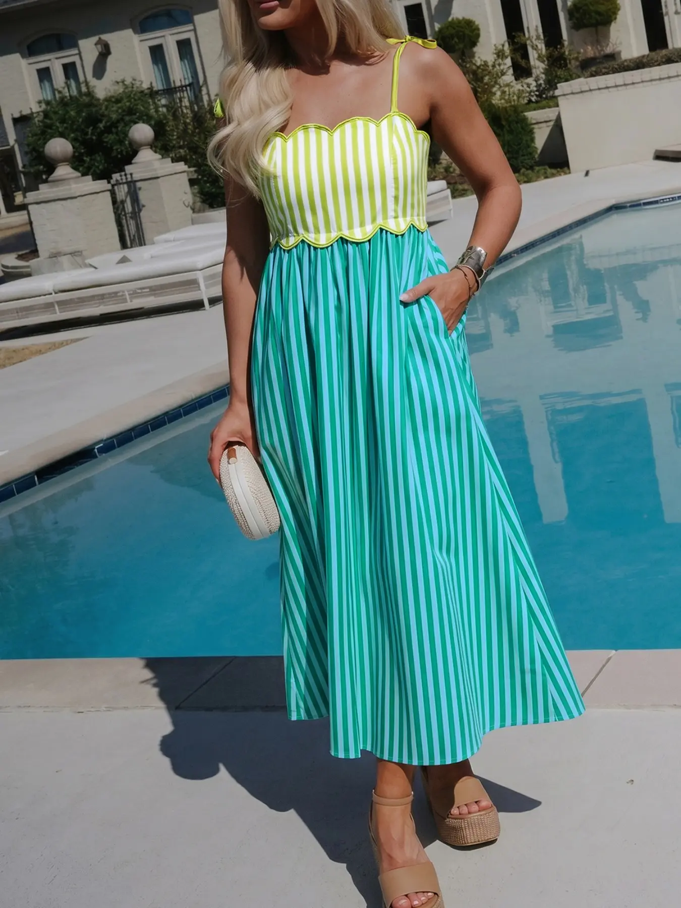 Summer Casual Striped Shell Edge Colorblock Knot Detail Thin Strap Midi Dress, Stylish and Comfortable Summer, Perfect for Daily Wear, Casual Beach Sundress