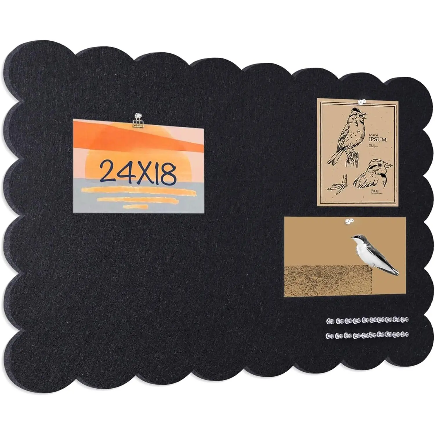 Scalloped Bulletin Board, 24 x 18 Inches Felt Pin Board - Decorative Cork Alternative for Wall, Foldable Picture Self-Adhesive Vision Prayer Board with 20 Pushpins - Black
