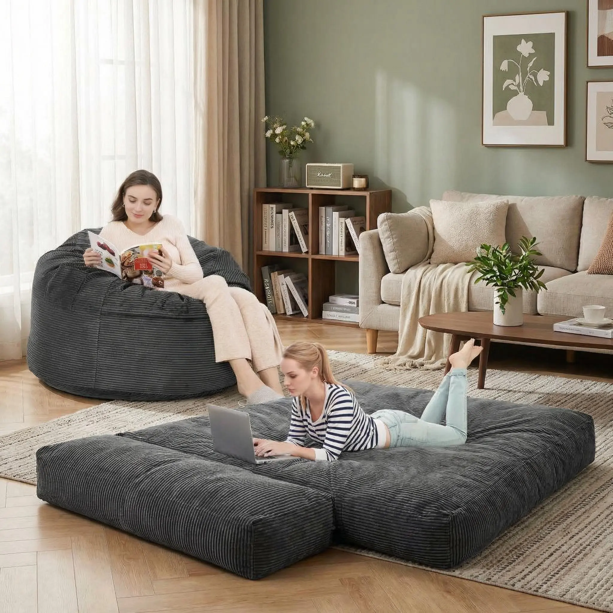 Garvee Bean Bag Chairs, Giant Bean Bag Chair Convertible Bean Bag Bed, Machine Washable Fabric Cover for Basement, Living Room, Game Room