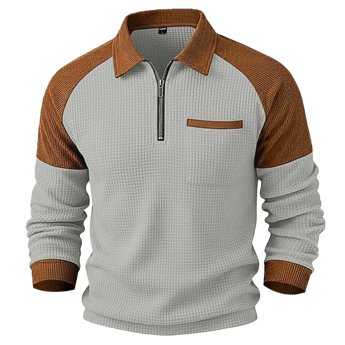Men's Textured Half-Zip Corduroy Polo Shirt - Long Sleeves, Color-Block Panels, Vintage Collar, Polyester Fabric, Zipper Detail - Suitable for Daily Wear, Commuting (Autumn & Winter), Menswear