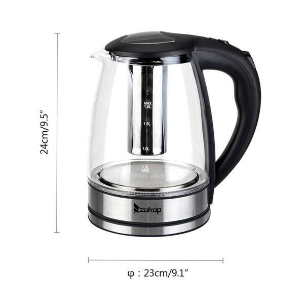 ZOKOP HD-1861-A 110V 1200W 1.8L Electric Glass Kettle US Plug with LED Lights, 360° Rotation Base, Auto Shut-off, and Mesh Filter for Spill Proof Pours Automatic ZOKOP HD-1861-A 110V 1200W 1.8L Electric Glass Kettle US Plug with LED Lights, 360° Rotation Base, Auto Shut-off, and Mesh Filter for Spill Proof Pours Automatic