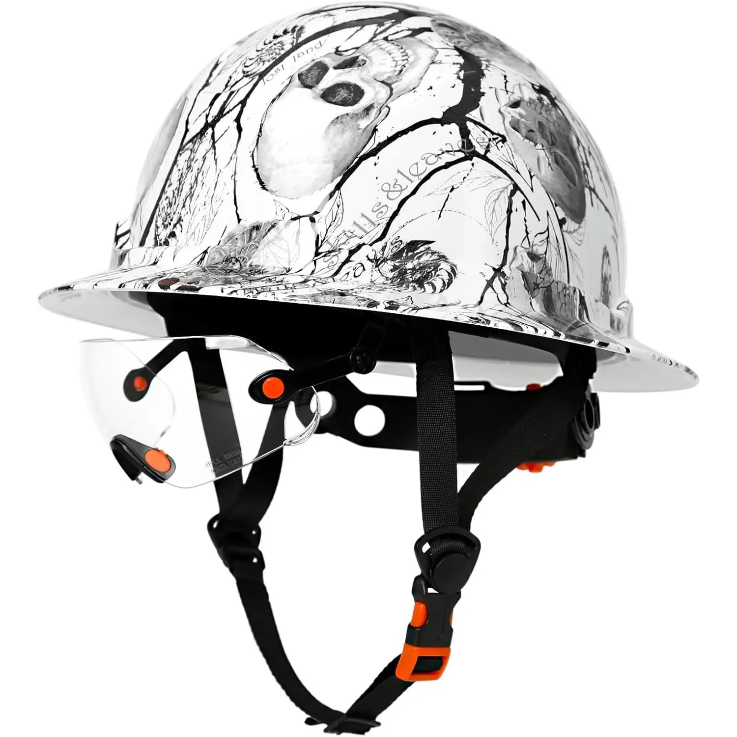 Skull Bold Print Full-Brim Outdoor Hard Hat with Flip-Up Built-In Shield Blocks Dust, Carbon Fiber Lightweight Breathable Vented All-Seasons Headwear with Reflective Decals for Gardening, DIY Projects