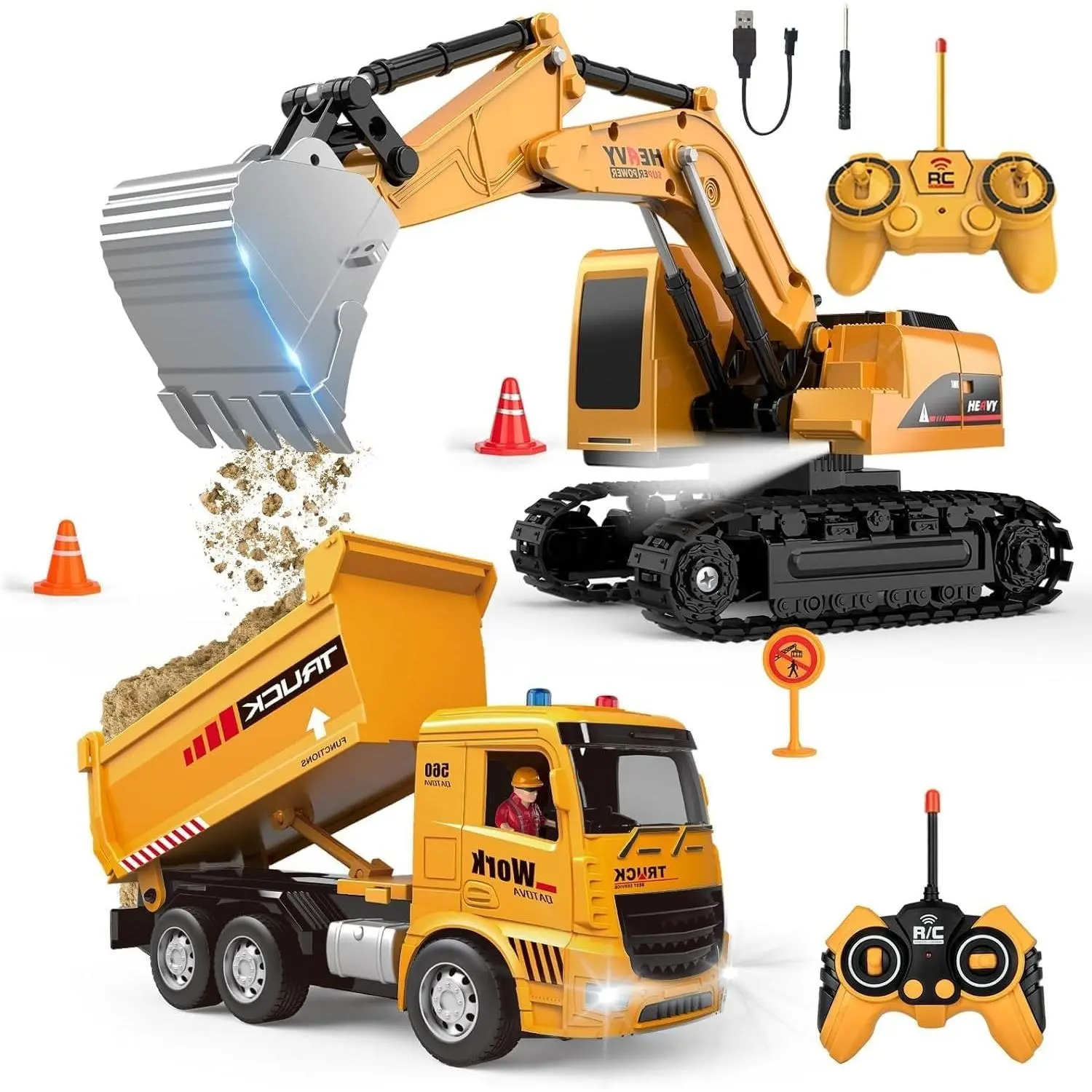 2-in-1 RC Construction Vehicle Set, 2.4GHz Remote Control Excavator & Dump Truck, Engineering Construction Truck Toys for Kids Boys Girls, FYKK