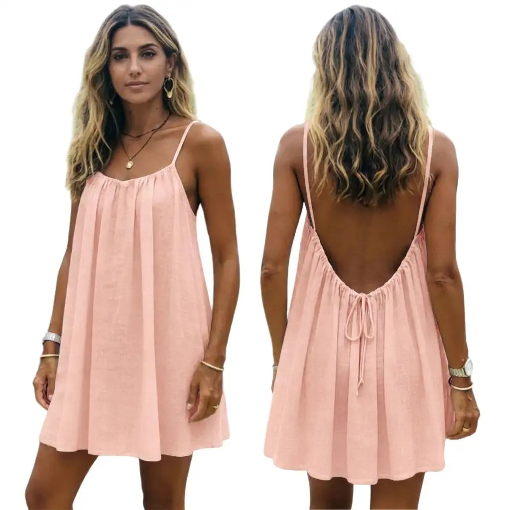 Womens Solid Color Backless Spaghetti Strap Cami Short Dress Casual Minimalist Sleeveless Mini Dress Breathable Lightweight Summer Outfit for Ladies Beach Vacation Holiday Daily Wear