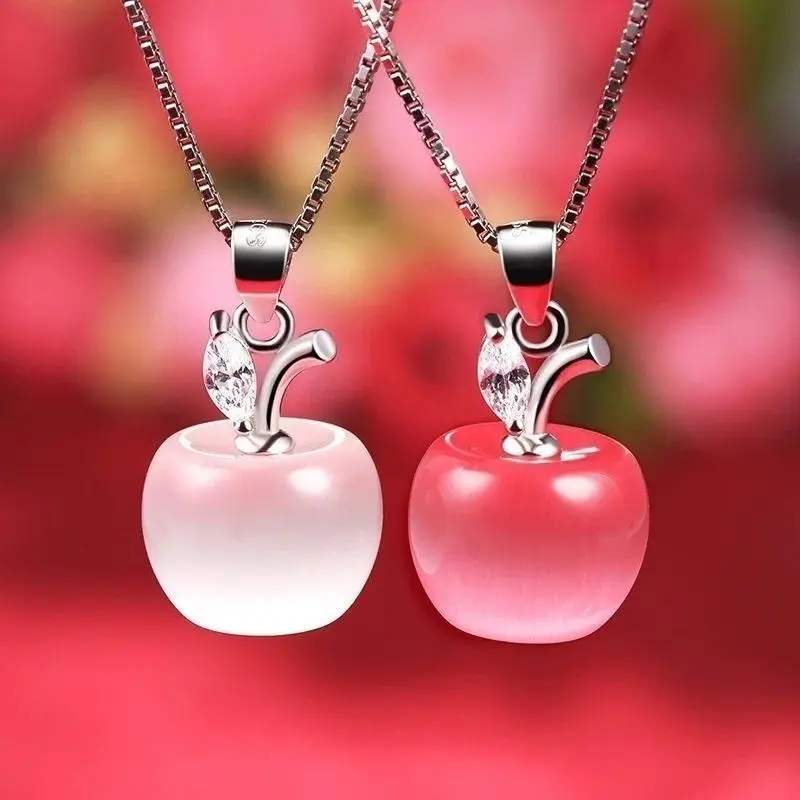 Cute Women White/Pink Opal Apple Pendant Necklaces Chain Jewelry