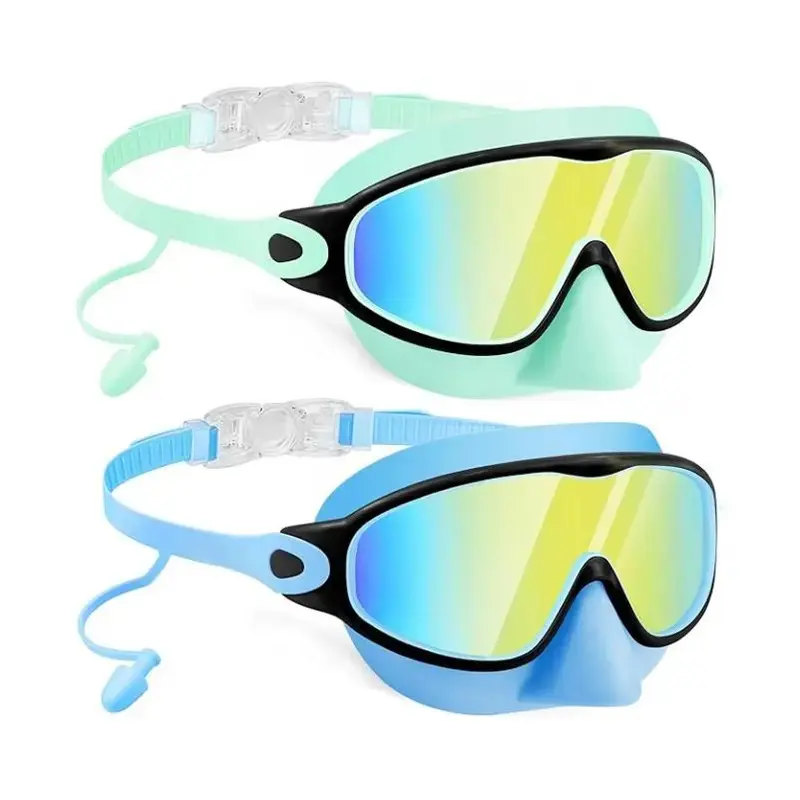 New Kids Swimming Goggles with Earplugs and Nose Guard, LargeAnti-Fog UV Waterproof Dual-Piece Snorkel Mask for Children Ages 3-15, 2-Pack,Ideal for Boys and Girls, Swim Goggles Set