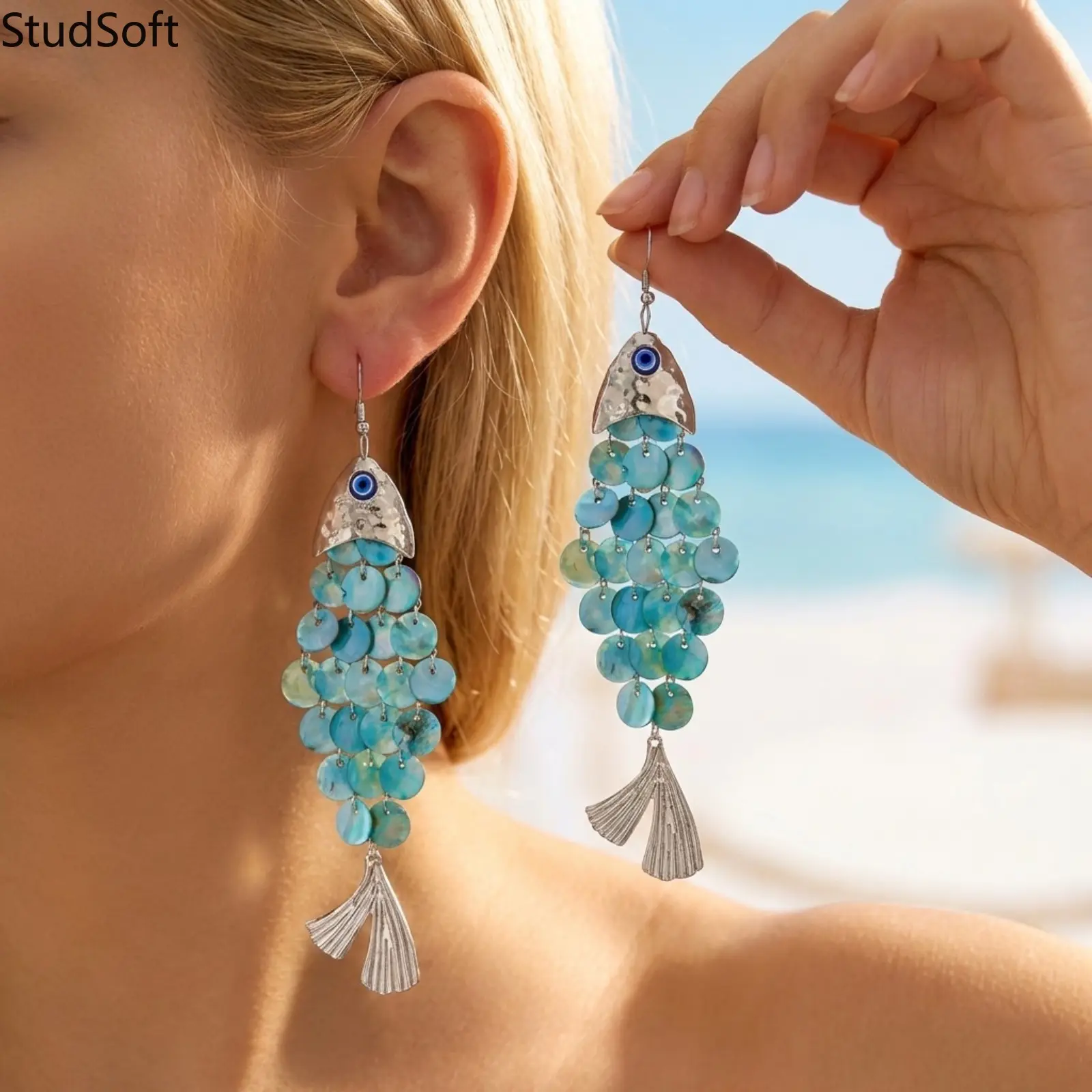 Women's Handmade Boho Fish Dangle Earrings - Shell, Cotton Tassel, Evil Eye Bag Accessory - Summer Beach Gift, No, Statement Jewelry,back to school,back to school haul