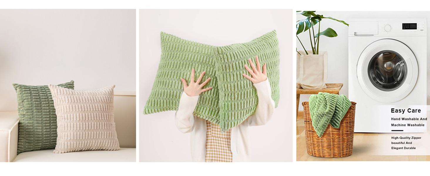 Pack of 2 Corduroy Decorative Throw Pillow Covers 18x18 InchSoft Boho Striped Pillow Covers Farmhouse Home for Sofa Living Room Couch Bed(Sage Green)