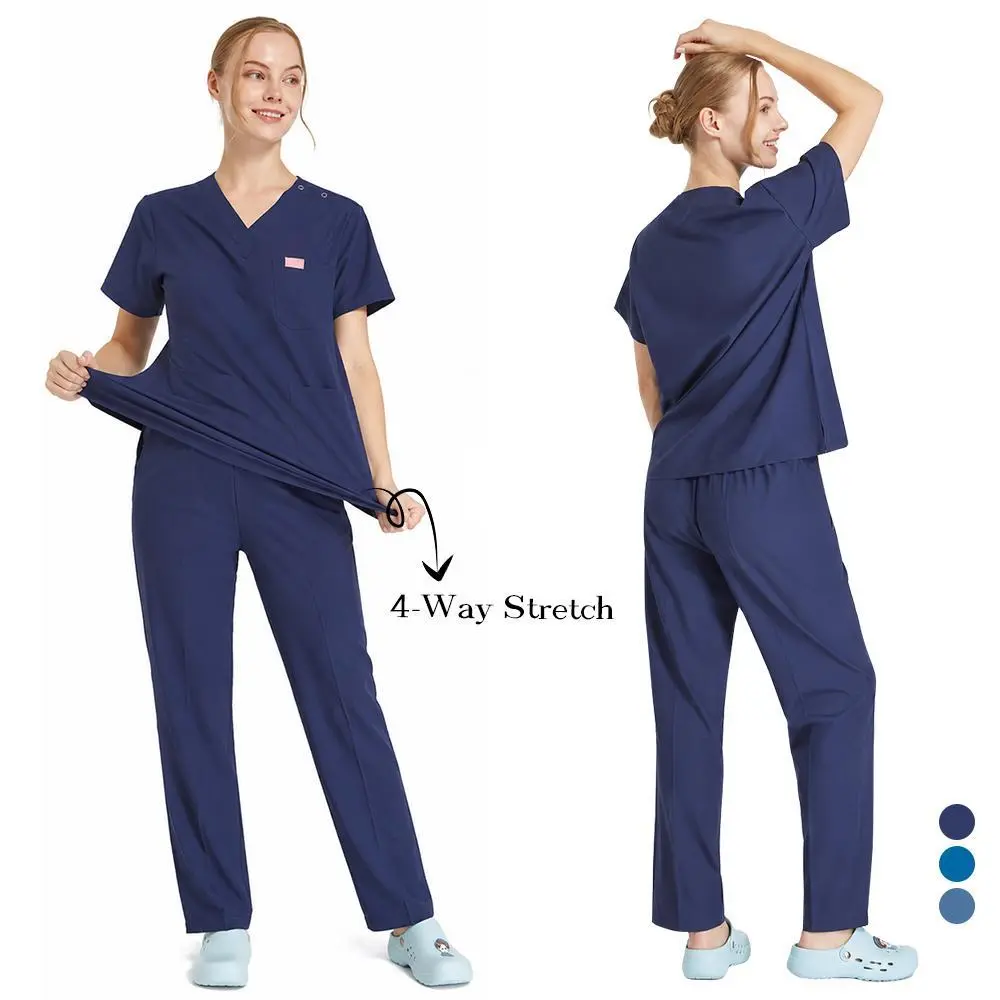 V-neck Medical Uniforms for Women Short Long Sleeves Stretch Nursing Set Quick-Dry Pet Vet Hospital Clothes S03-01