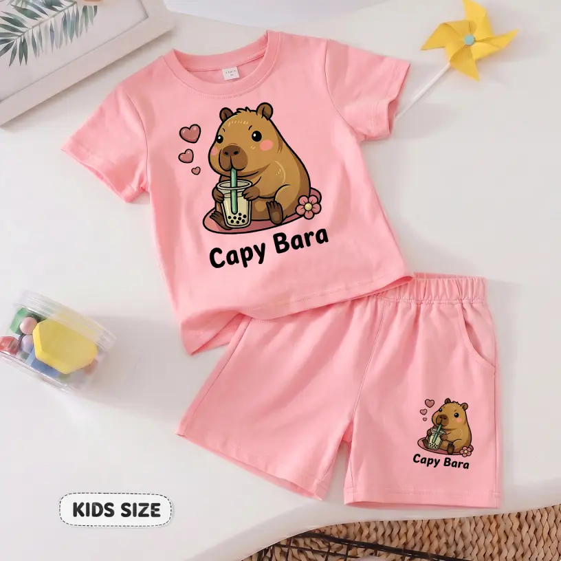 Girls’ Cute Capybara Graphic Short Sleeve T-Shirt and Shorts Set, Casual Summer Two Piece Outfit with Crew Neck Top and Comfortable Shorts for School, Travel, Daily Wear and Outdoor Activities,clothes for back to school,first day of school outfits