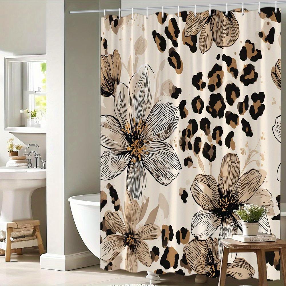 Floral Leopard Print Shower Curtain, Exotic Floral Design with Leopard Spots on Cream Background Intricate Line-Art Detailing, Bathtub Partition Curtain with Hooks, Fashionable Bathroom Accessory Elegant Bathroom Decor Floral Leopard Print Shower Curtain, Exotic Floral Design with Leopard Spots on Cream Background Intricate Line-Art Detailing, Bathtub Partition Curtain with Hooks, Fashionable Bathroom Accessory Elegant Bathroom Decor