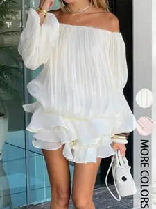 Off Shoulder Boho Style Woven Fabric Dress, Loose-Fit Design for Fall & Winter Holidays, Moderate Thickening Comfortable Wear