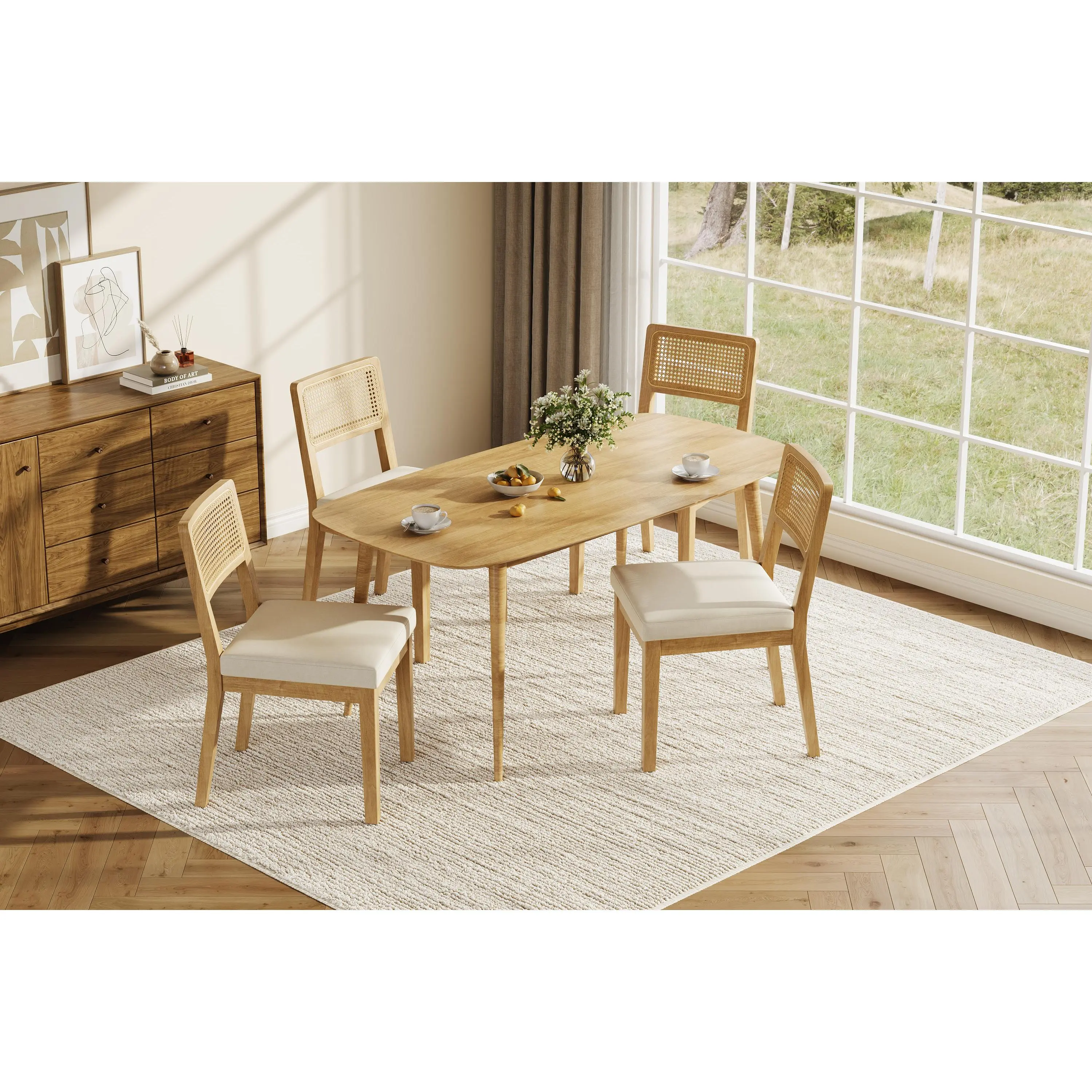 Modern Armless Rattan Dining Chairs, Set of 2 – Upholstered Linen Seat, Sturdy Wood Frame, Breathable Rattan Backrest – Ideal for Kitchen, Dining Room, Restaurant – Black