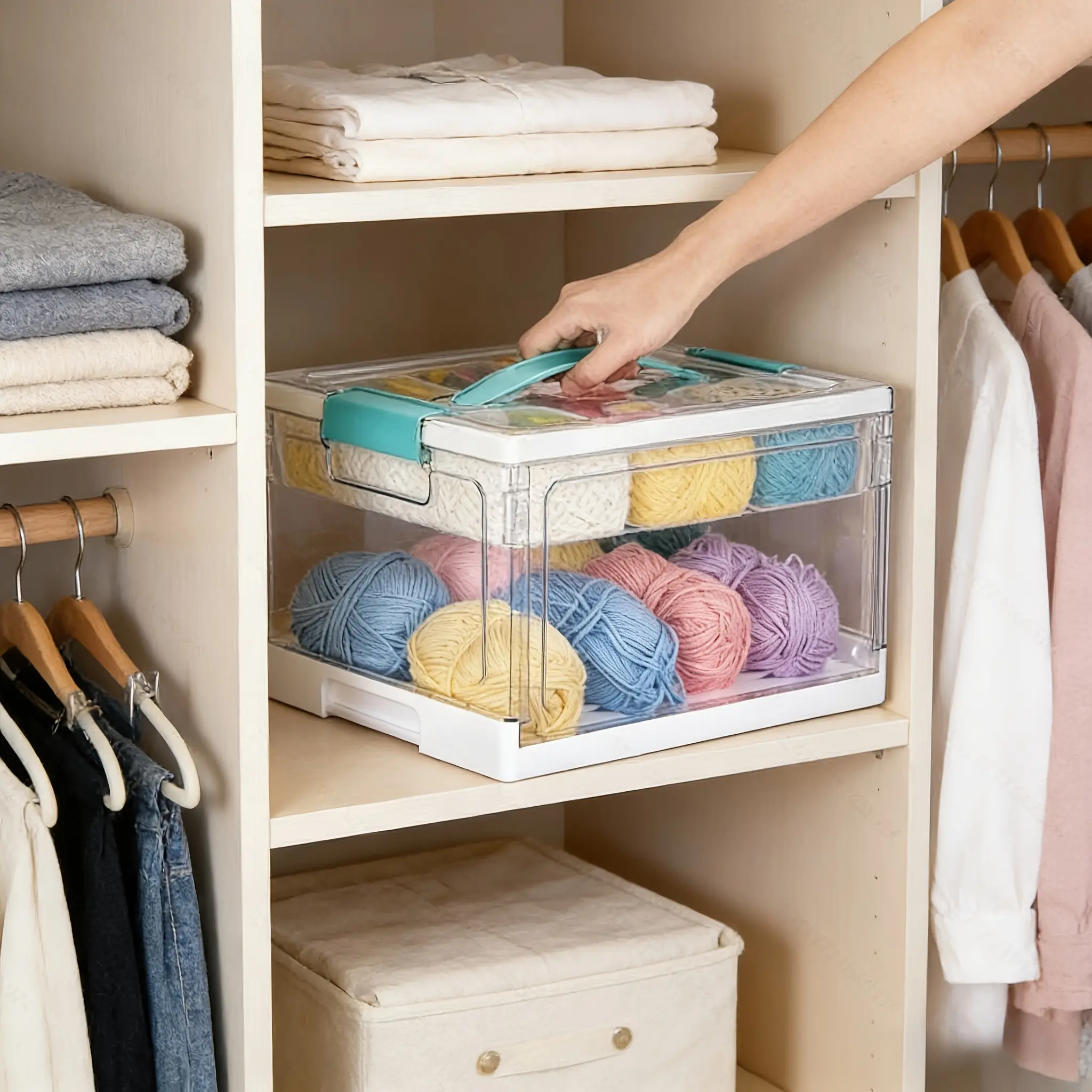 24 quart stackable clothing storage box with partition layer, 15 inches long x 10.83 inches wide x 8.78 inches high, transparent plastic wardrobe organizer suitable for clothing and under bed storage
