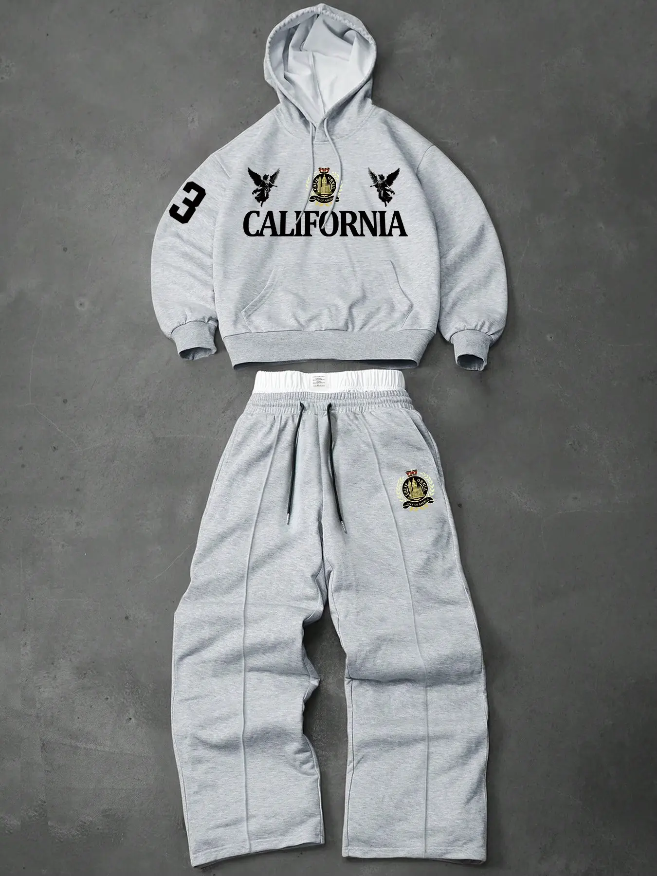 Men's Two-Piece Athletic Set: Includes a hooded sweatshirt and drawstring trousers, featuring angel and numerical print motifs—perfect for autumn and winter wear, Casual Sporty Set, Casual Athletic Sportswear