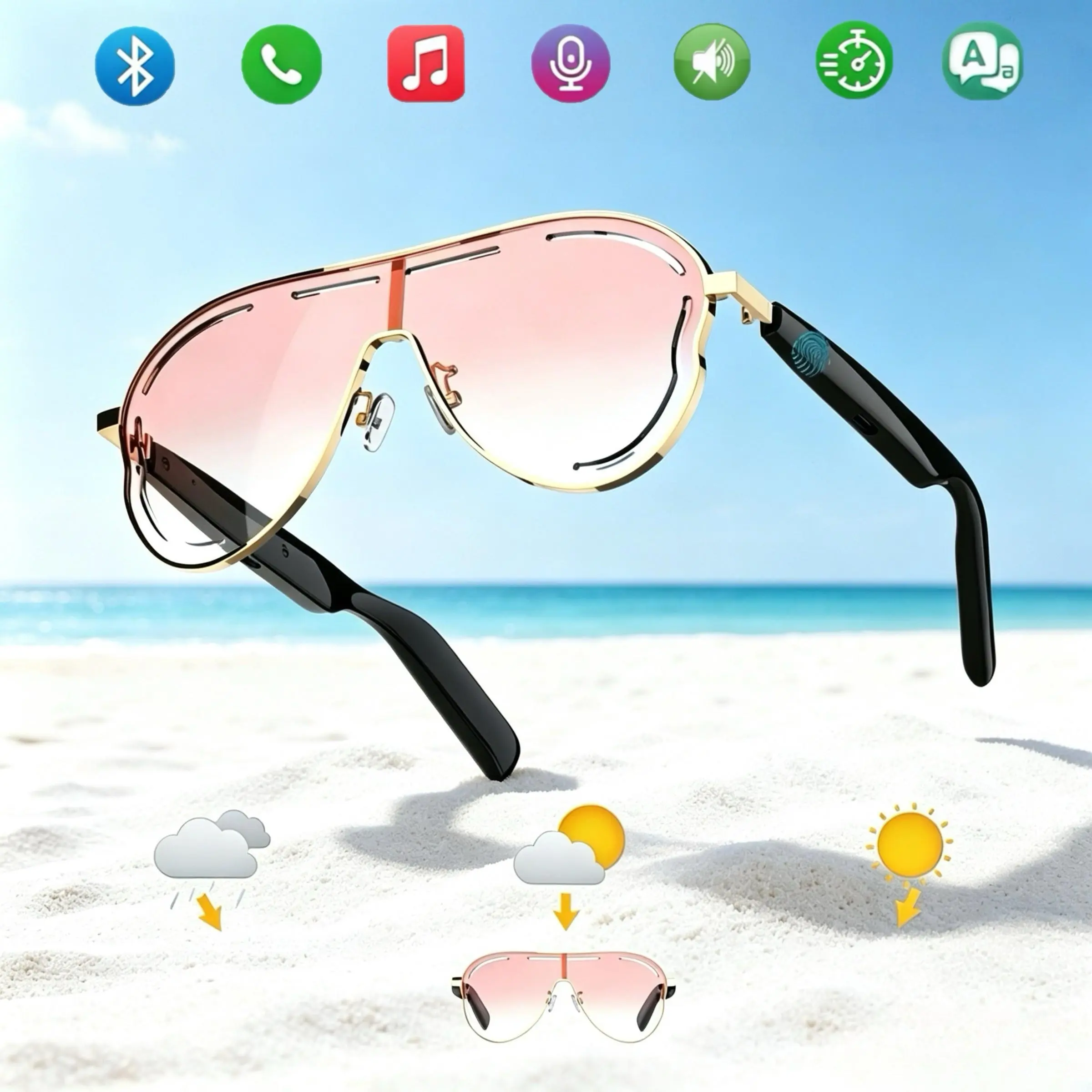 AI Bluetooth Smart Sunglasses, Multifunctional Audio Sunglasses, Multi-Language APP Real-Time Translator, Auto Wear Sensor On/Off, Sweatproof UV Protection Audio Shades for Travel Navigation Business Meetings