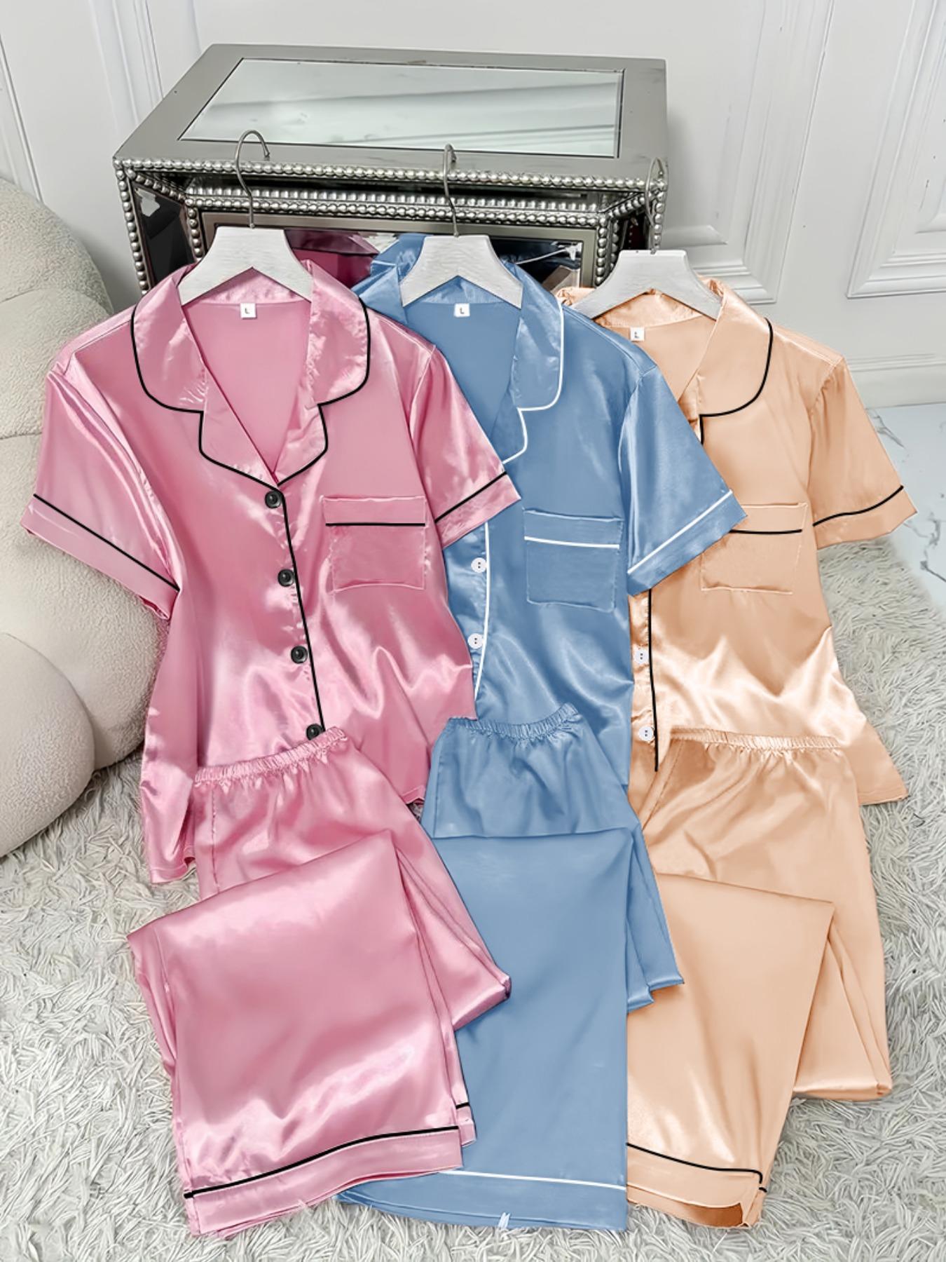 Women's Contrast Binding Lapel Shirt & Elastic Waist Pants Satin Pyjama Set, Casual Comfy Short Sleeve Pocket Button Up Top & Elastic Waist Long Trousers PJ Set, Ladies Sleepwear for All Seasons, Pajama Set