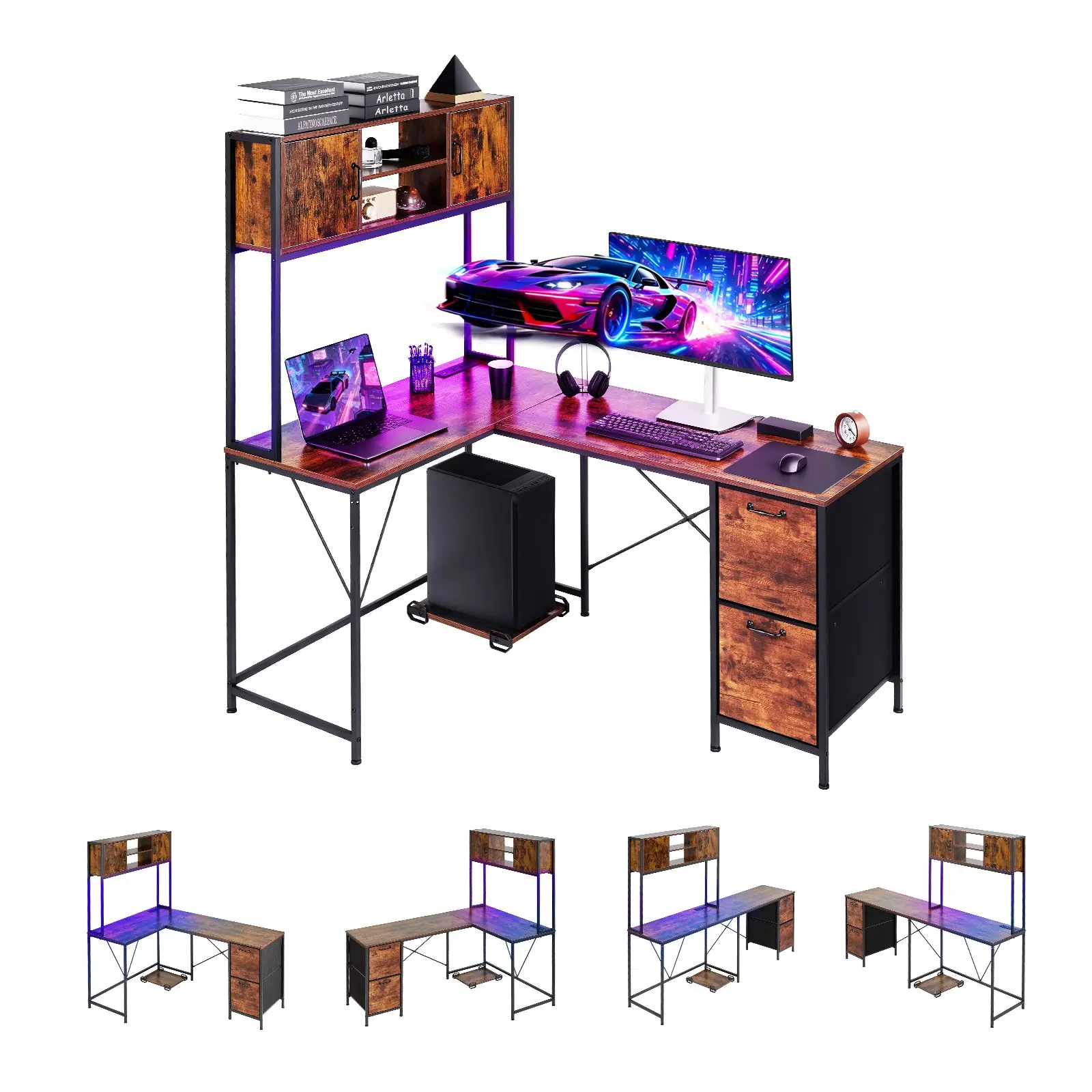 【Summerfinds】VEVOR L-Shaped RGB Gaming Computer Desk with 62.2-in RGB Light Strip, Reversible Corner Design, Power Outlets, Movable CPU Stand, Drawers, 100cm+ Modern Home Office Table, Rgb Lights
