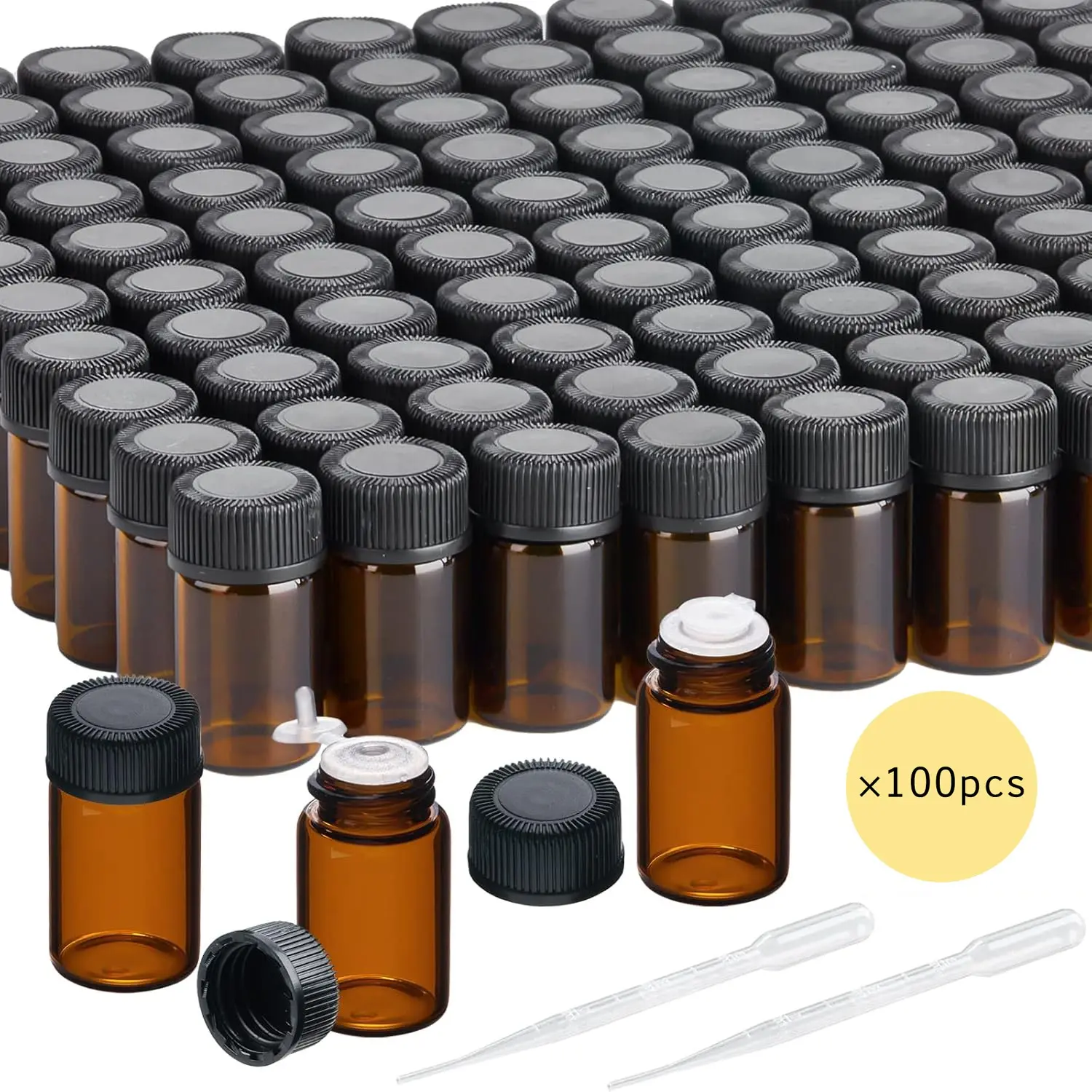 100 Amber Mini Essential Oil Bottles, 2ML Capacity, with Caps, Dropper, Pressure Reducer, Transfer Pipette, Ideal for DIY Aromatherapy