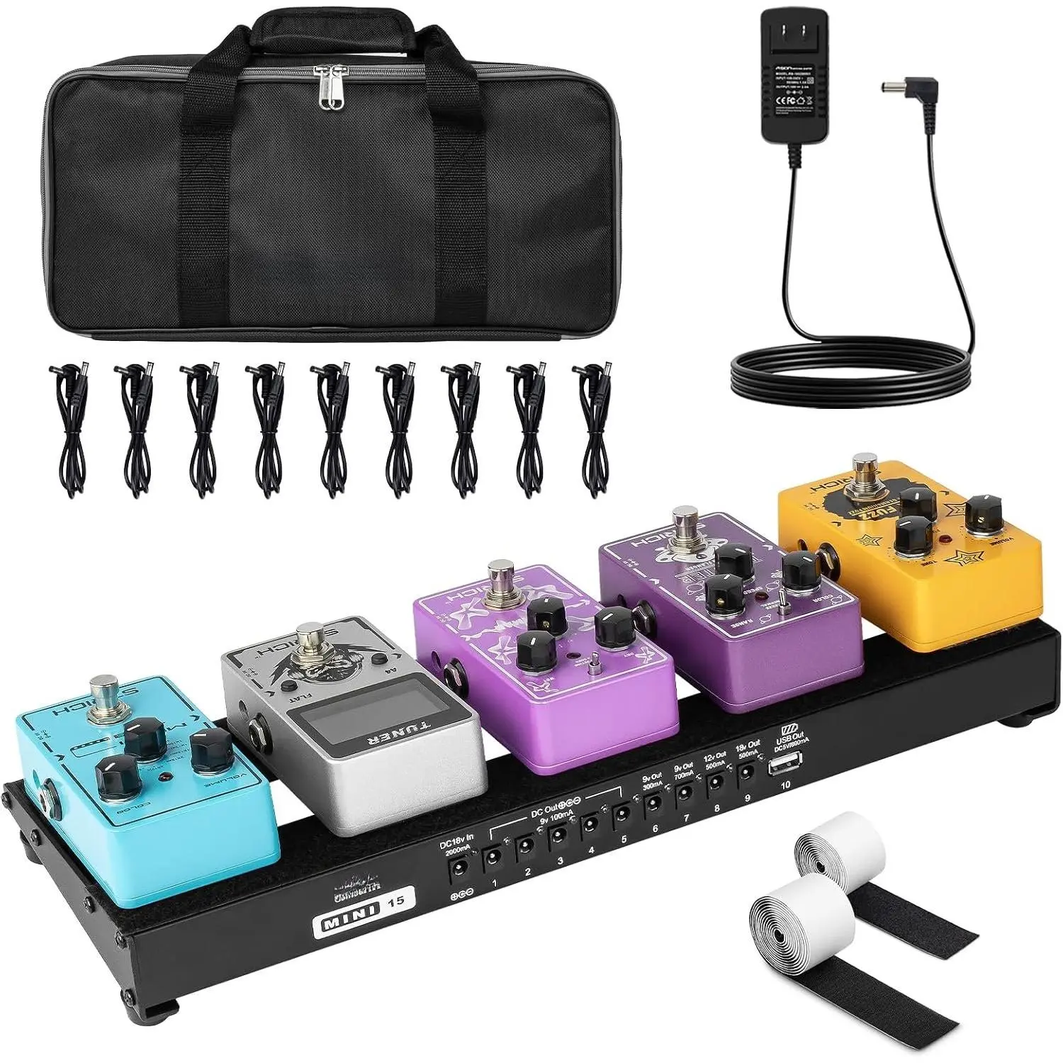 Pedal Board with -in Power , Small Guitar Pedalboard 15" x 5.1" 1.3LB Lightweight  Alloy with Pedal Cables, Bag, Hook Loop Strips MINI 15