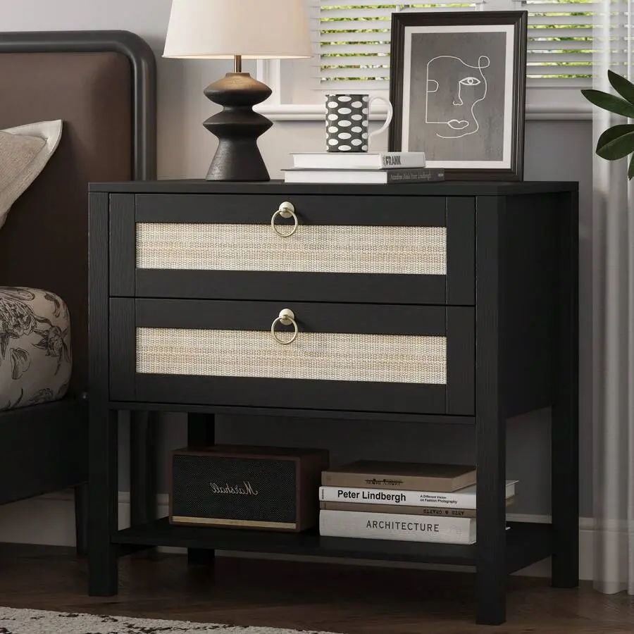 Wooden Wide Nightstand with Rattan Boho Decor Drawer Shelf, Rectangular Indoor Furniture with Wide Base, Open Shelf End Table for Bedroom, Living Room