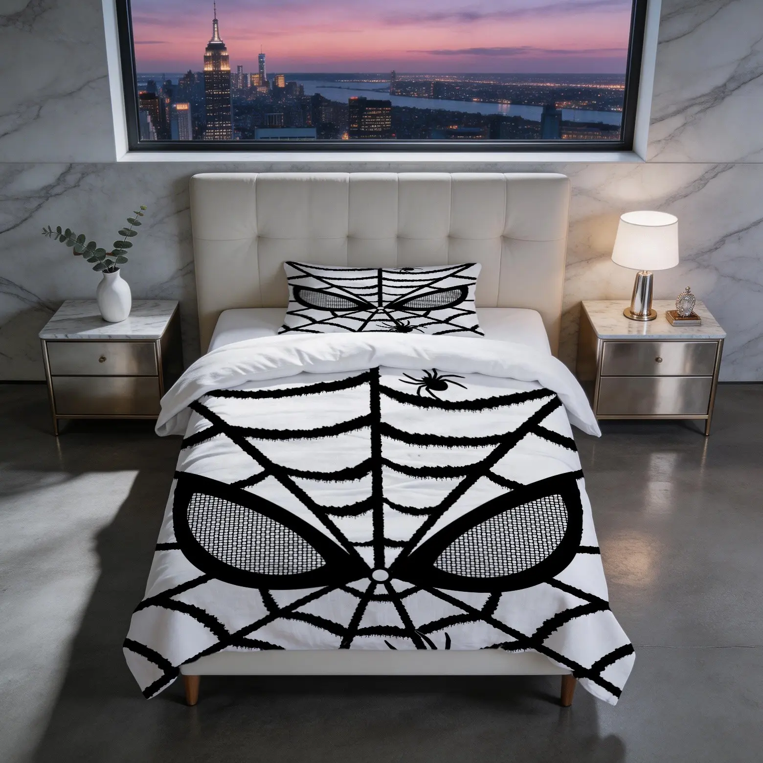 2/3‑Piece Black‑White Spider‑Web Eyeprint Duvet Cover Set, single‑sided digital print, 1 duvet cover plus 1/2 pillowcases, no inserts included, superhero‑fan‑themed bedroom bedding, ideal gift choice for teenagers