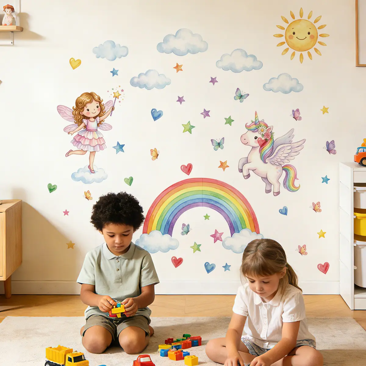 2Pcs Set (3090cm2pcs) Dreamy Princess Self-Adhesive Wall Decals, Printed Winged Unicorn & Magic Fairy, Decor Stickers for Girls Kids Room Background Wall