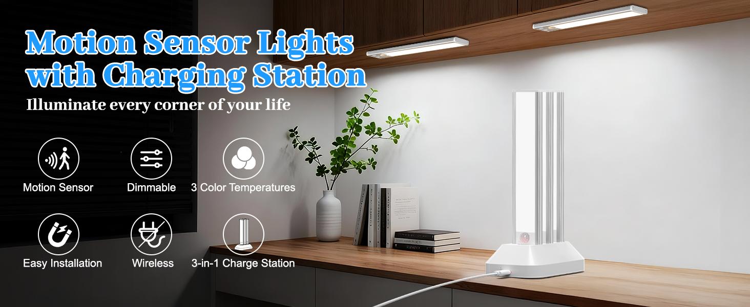 MATULSA Rechargeable Motion Sensor LED Under Cabinet Lights - 6/3-Piece Set with Charging Station, Dimmable 3-Color Temp, Magnetic Wireless, Shelf & Kitchen Lights (Mother’s Gift Option), Led Lights, Shelf Lights