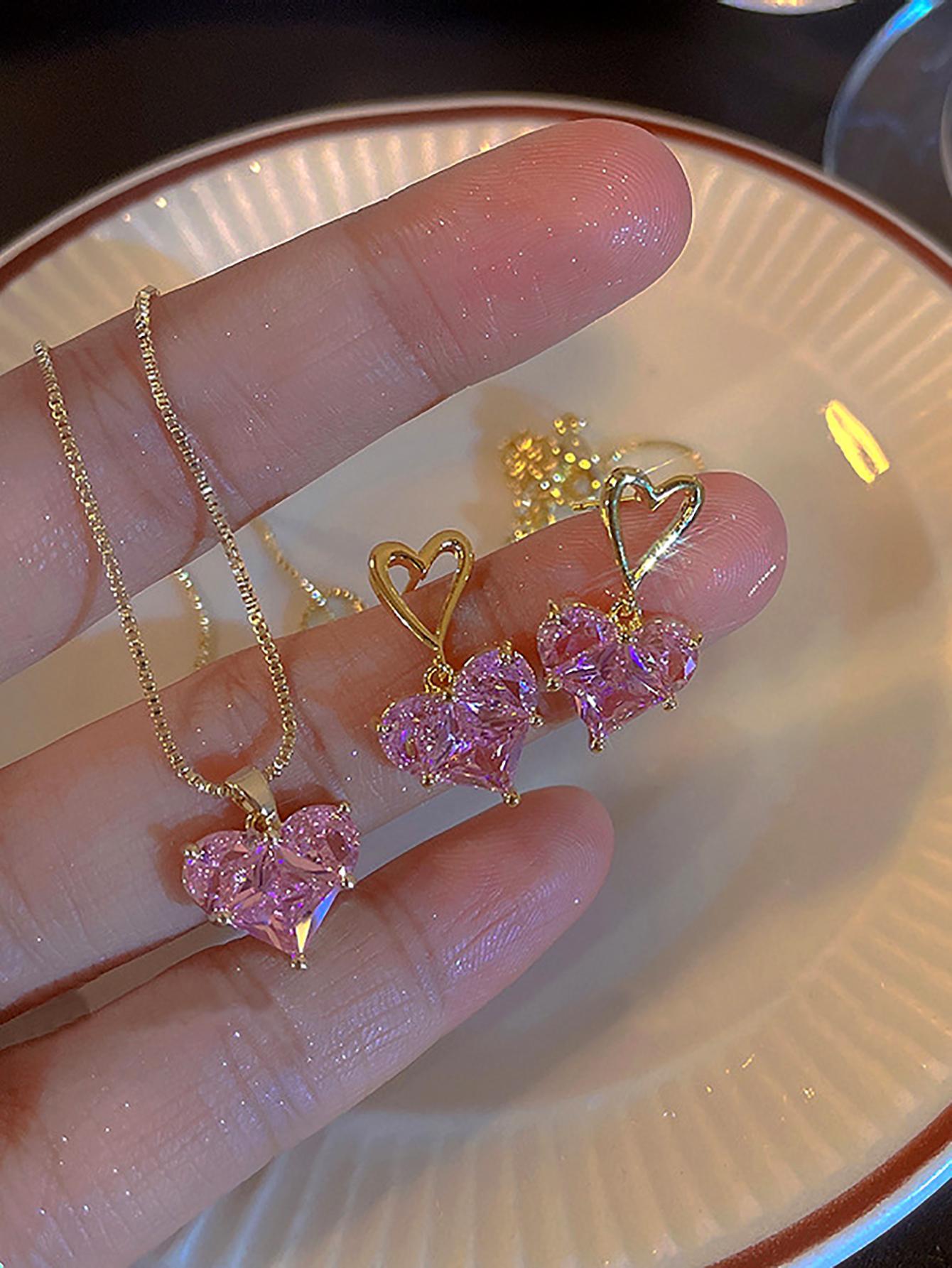 2024 Summer Heart Shape Design Jewelry Set, Pink Artificial Zircon Inlaid Pendant Necklace and Dangle Earrings, Sweet Fashion Matching Jewelry Accessories Set