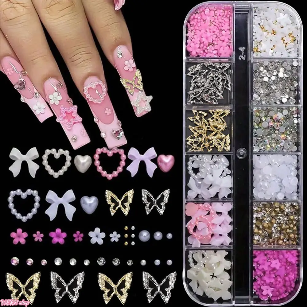 Mixed Nail Art Charms Kit, Multi-grid Box Nail Rhinestones Sequins Metal 3D Decor, Assorted Floral Butterfly Star Nail Accessories for Salon & DIY Home Manicure