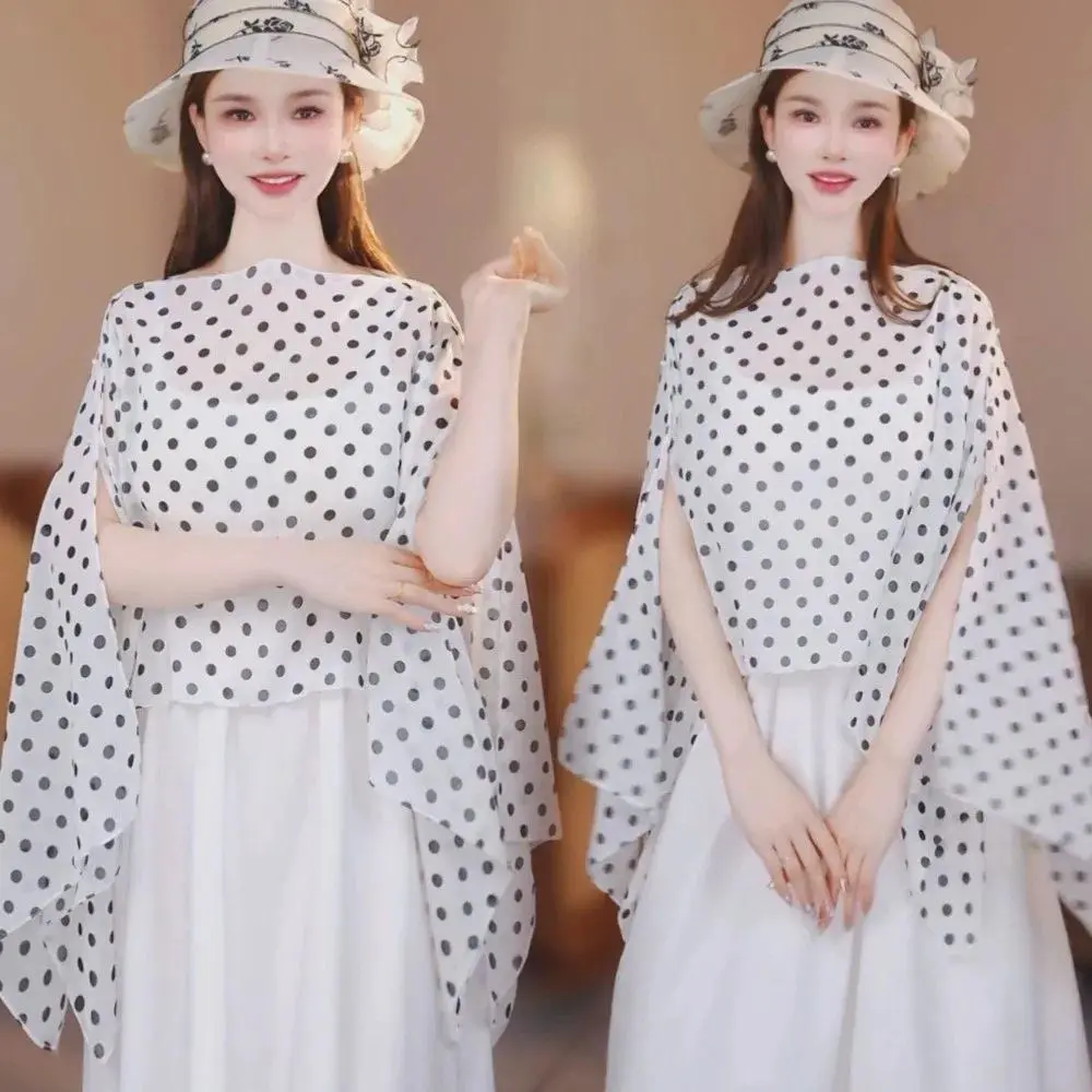 Breathable Mesh Transparent Sunscreen Cover-up Polka Dot Cloak Beach Cover-Up Loose Fit Elegant Sheer Shawl Top Vacation
