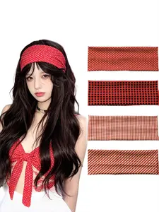 4Pcs Red Series Polka Dot & Plaid Headbands, Retro Y2K Style Wide Elastic Hair Bands, Non-slip Comfortable Design, Ideal for Daily Wear, American Retro Outfits and Music Festivals