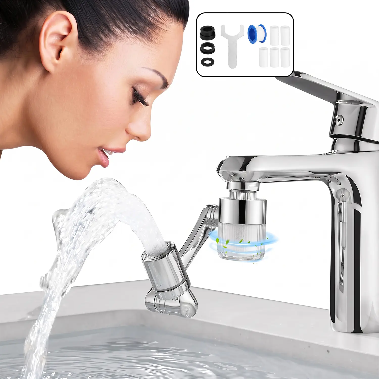 1440° Rotatable Swiveling Tap Extender with Extensible Arm, 5 Extra Filters, 2 Sprayer Modes, Universal Sink Aerator Water Sprayers for Kitchen & Bathroom Sinks, Rotates 1440°