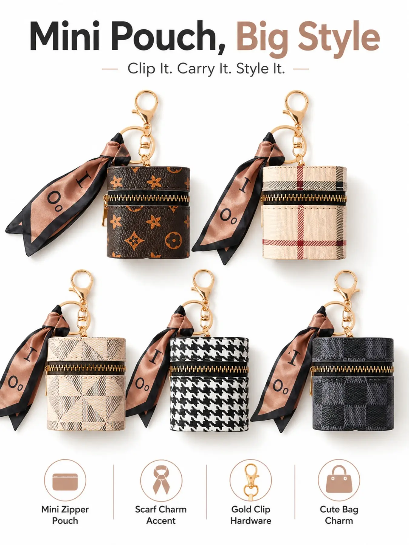 LUVTAG Mini Zipper Pouch Keychain with Scarf Charm, Cute Bag Charm Purse Accessory, Keychain Charms, Small Coin Pouch for Keys, Earbuds, Lip Balm, Women’s Fashion Keychain