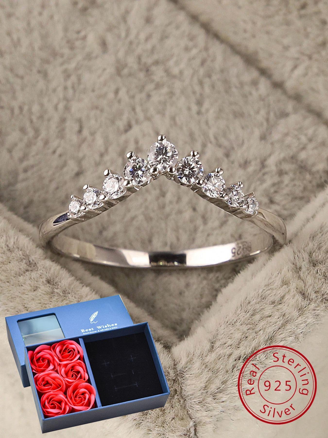 S925 Sterling Silver Crown Design Artificial Zircon Decor Bridal Engagement Ring, Luxury for Women, Trendy All-match & Exquisite Jewelry for Birthday Gift