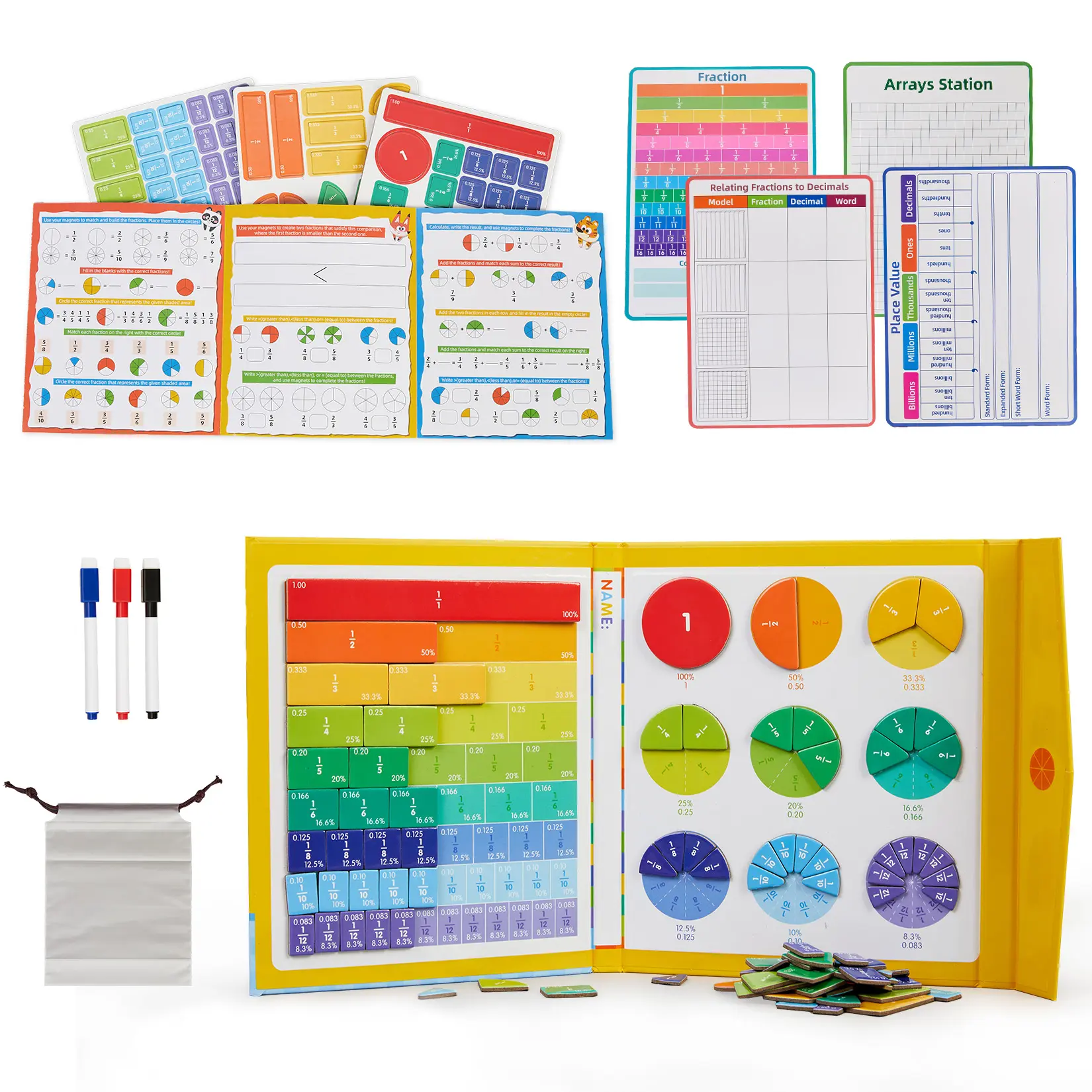 Two-fold Magnetic Fraction Notebook Set with Fraction Tiles & Circles, Double-sided Fraction Cards, Dry Erase Activity Card, 3 Markers & Storage Bag