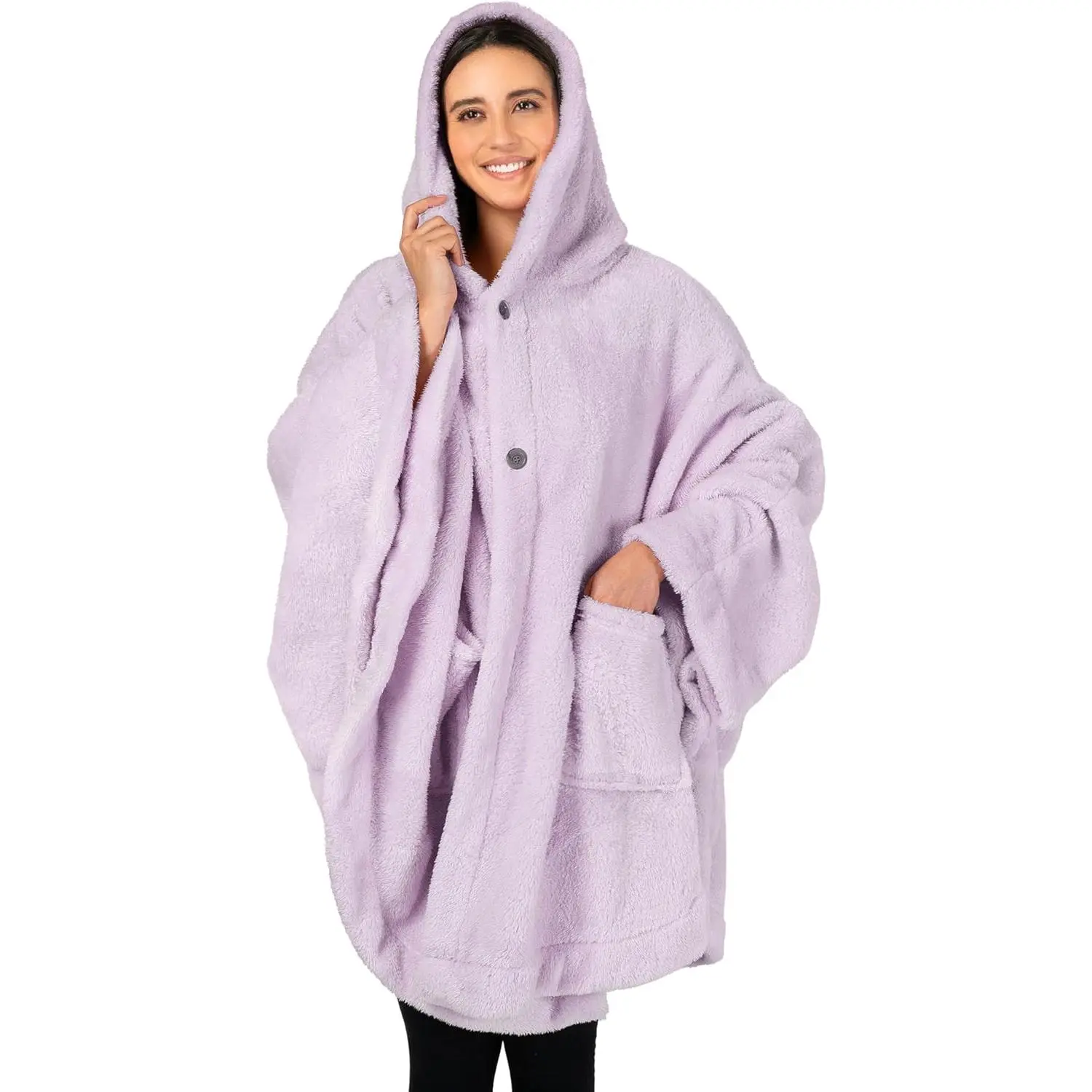 Hooded Blanket Poncho for Women, Sherpa Wearable Wrap with Pockets