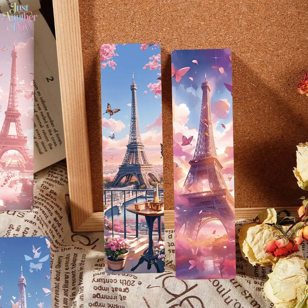 24 Pieces Dreamy Pink Paris Eiffel Tower Art Bookmark Set, Romantic Cherry Blossom Butterfly Scenery Paper Page Cards, Sweet Girly Aesthetic Book Markers for Reading Annotation, Scrapbook Ornament and Incentive Student Prize Gifts