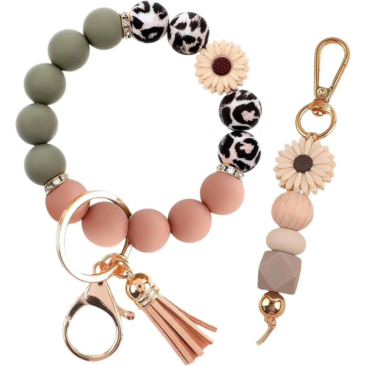 2PCS Bracelet Key Ring Set, Cute Car Keychain Wristlet, Silicone Beaded Bangle Keychains for Women Girls(Gift)
