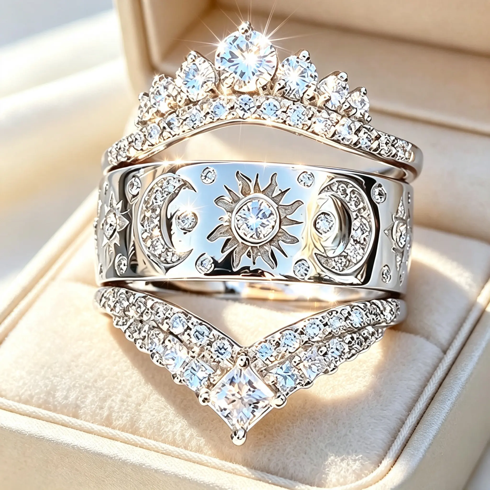 Sun Moon Star Engraved Three-Piece Ring Set, Crown & V-Shaped Stackable Bands, Celestial Bridal Statement Jewelry