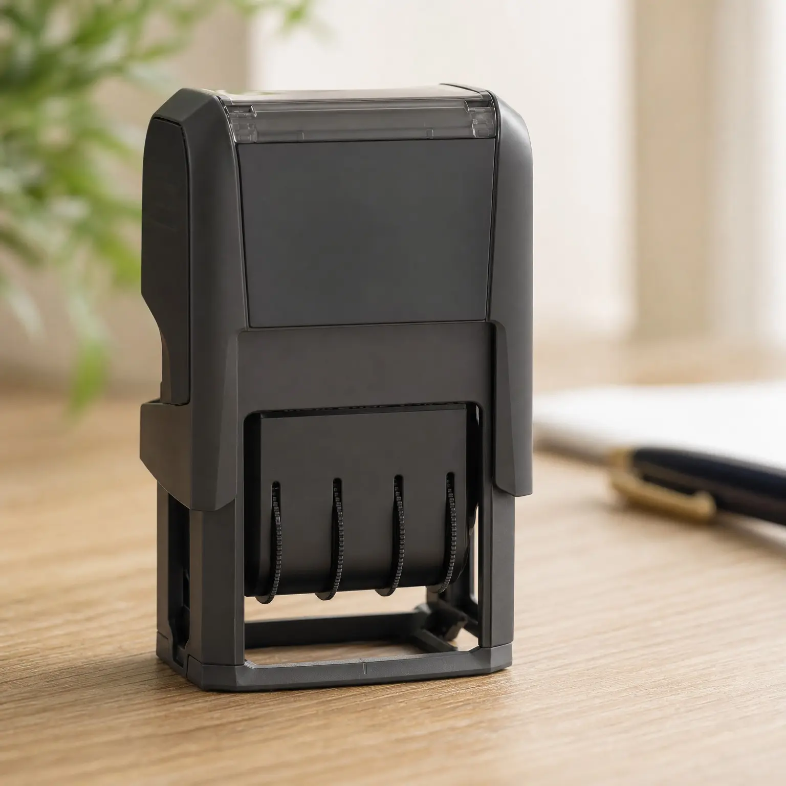Self-Inking Home/Office Date Stamp, 3/8” x 1-¼”, Black, Model 4820 | US MMM-DD-YYYY date format; Band cover keeps fingers clean; Open base for precise positioning; Replaceable ink pad; Black Ink