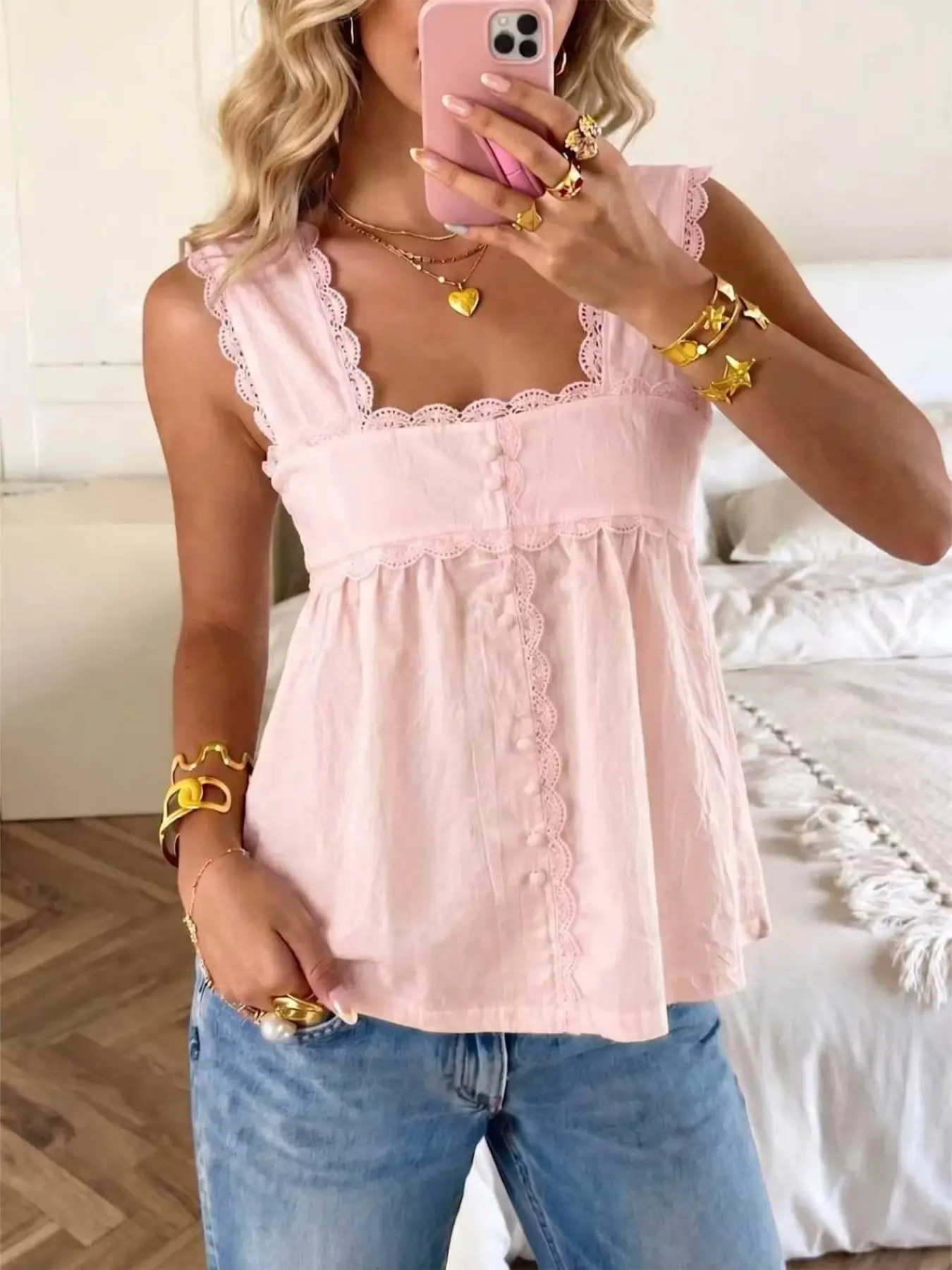 Sweet Girl Style Blouse, Feminine, Basic, Plain Textured Fabric, Square Neck, Lace Trim, Sleeveless, High Waist, Loose Fit, Casual Backless Top