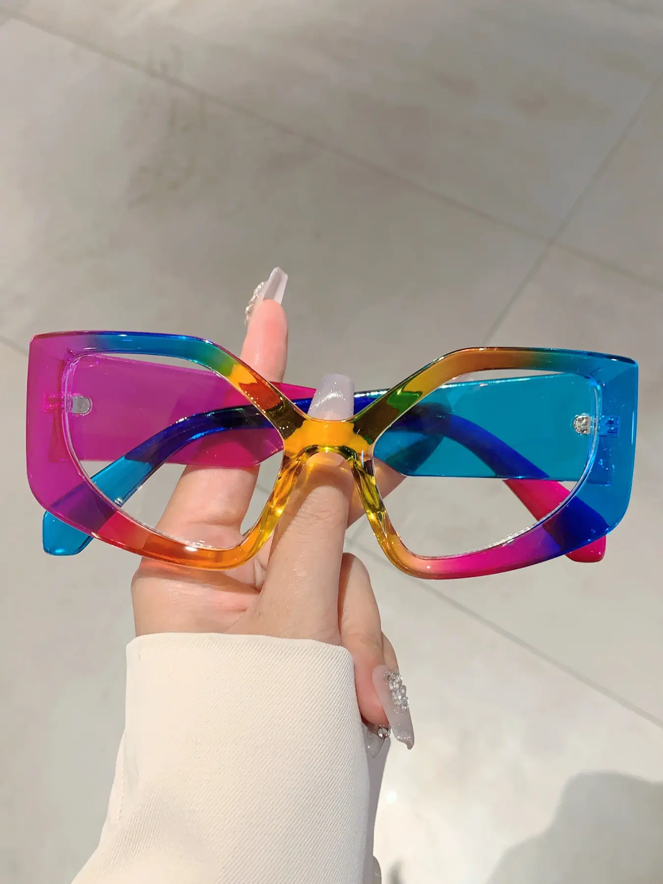 New Irregular Cat Eye Large Frame Glasses, Colorful Thick Frame Temples, Trendy Retro Style, Fashionable All-Season Accessory, Fashion Eyewear