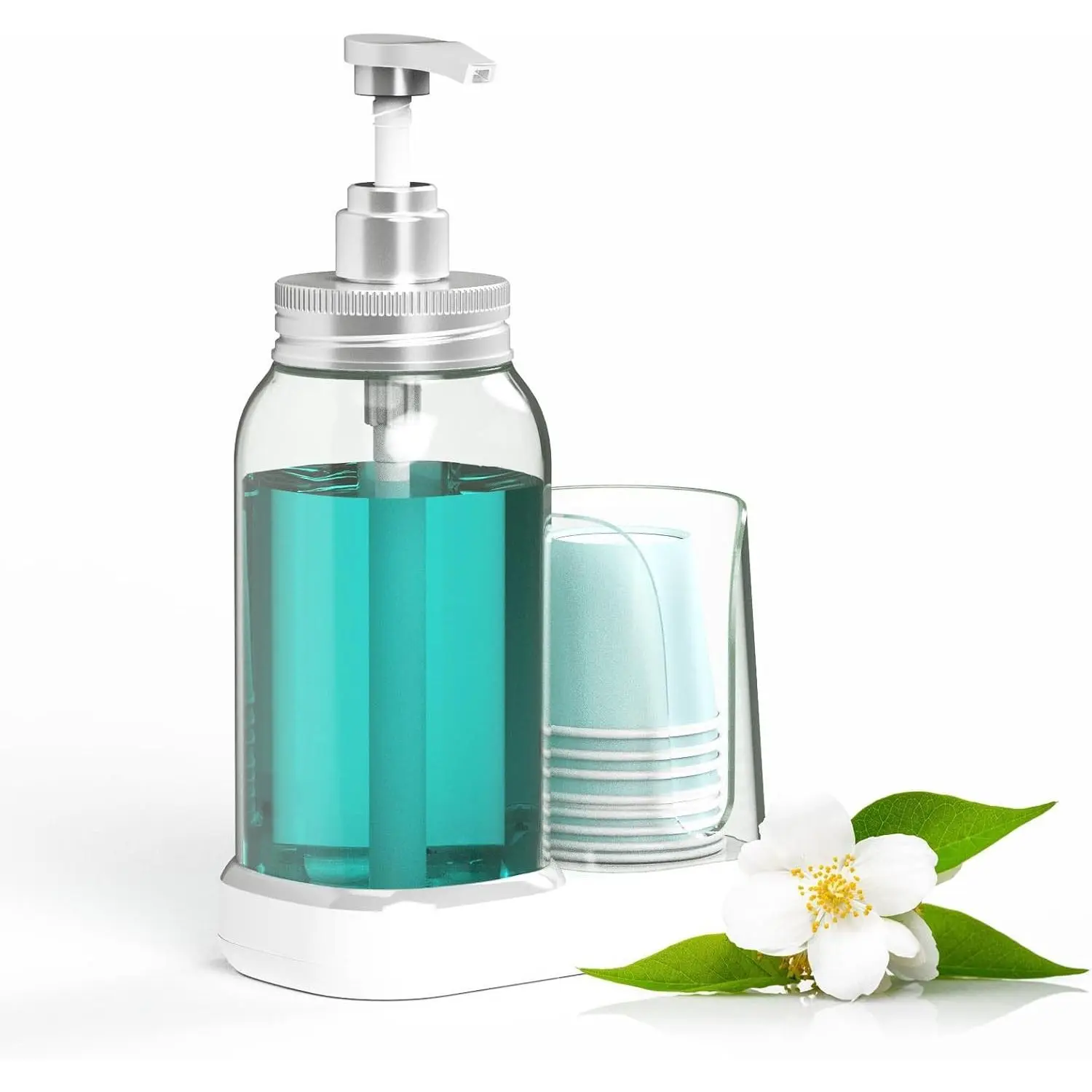 Mouthwash Dispenser for Bathroom, 25oz Mouthwash Pump Bottle with Cup Holder, Refillable Clear Blue Mouth Wash Container for All Age Groups, Large Capacity Bathroom Mouthwash Holder Set