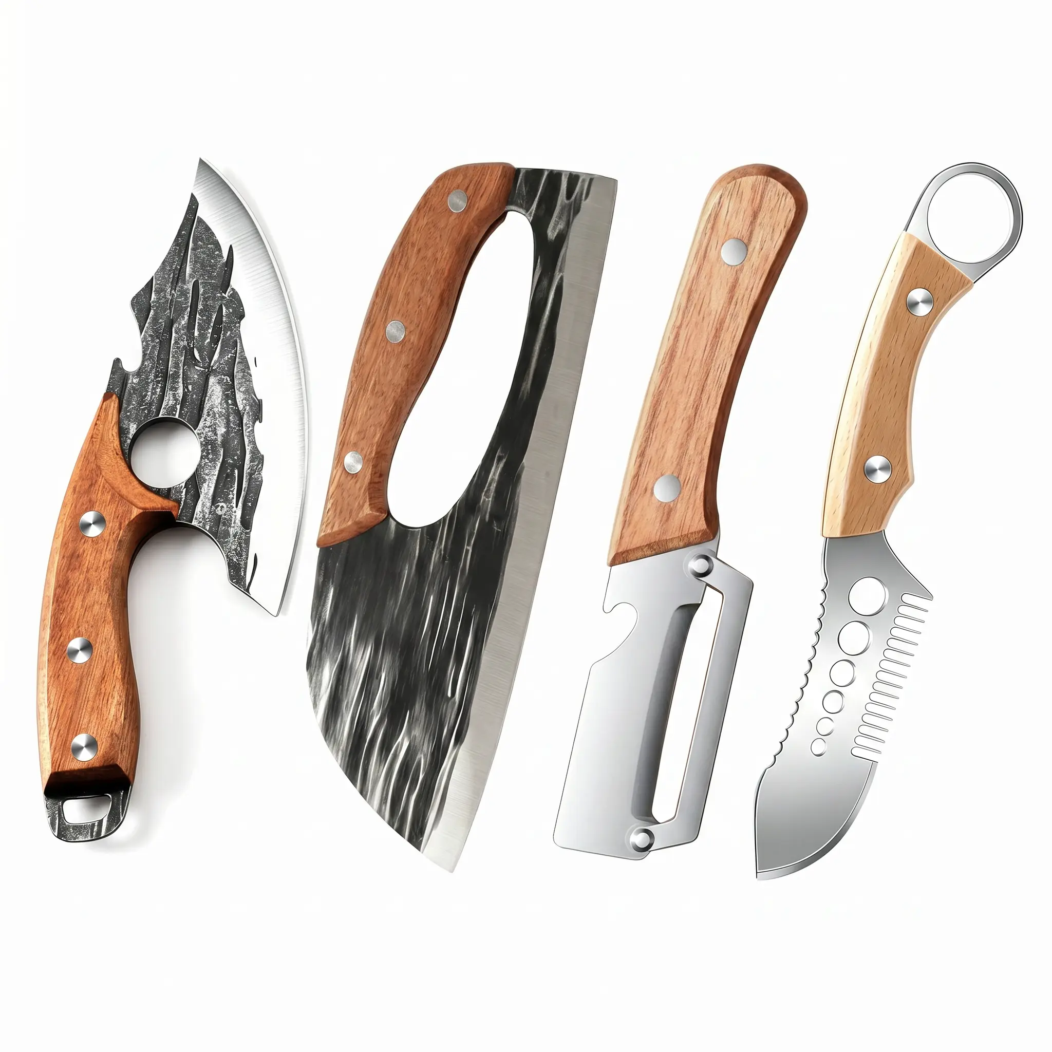 2PCS/4PCS Modern Forged Carbon Steel Kitchen Knife Set - Razor-Sharp Cleaver, Meat & Vegetable Chopping Knife, Wooden-Handle Peeler, Fish Scale Scraper - Ergonomic Non-Slip, Hand Wash Only for Home Cooking & Camping