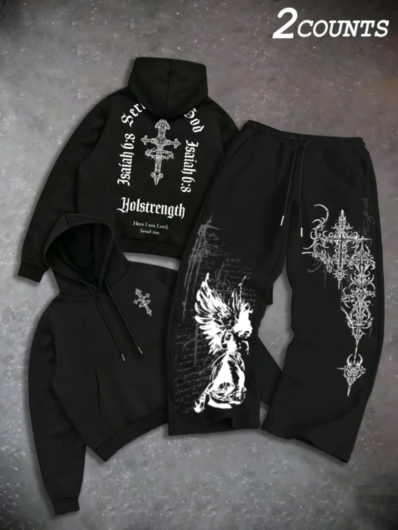 Men's Two-Piece Fashion Casual Set, Angel & Cross Print Hoodie and Drawstring Wide Leg Pants, Spring Fall Winter Streetwear