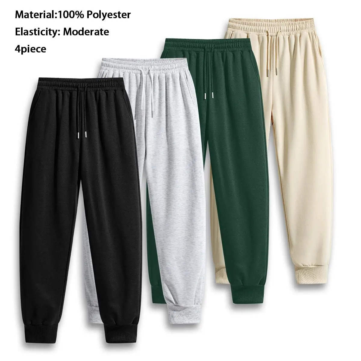 Men's Basics 4-Pack Solid Color Relaxed Fit Joggers, Wrinkle-Resistant Polyester Sweatpants with Drawstring Waist, Cuffed Ankles, Ankle Length for All Seasons, Athletic, Casual, Classic, Elastic Waist, Sweatpants Outfit, Breathable, Quick Dry, Fitted