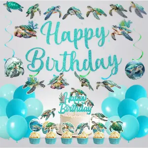 Turtle Birthday Decorations Set – Sea Turtle Banner, Garland, Swirls, Balloons & Cake Toppers, Ocean Themed Party Supplies for Kids' Birthday